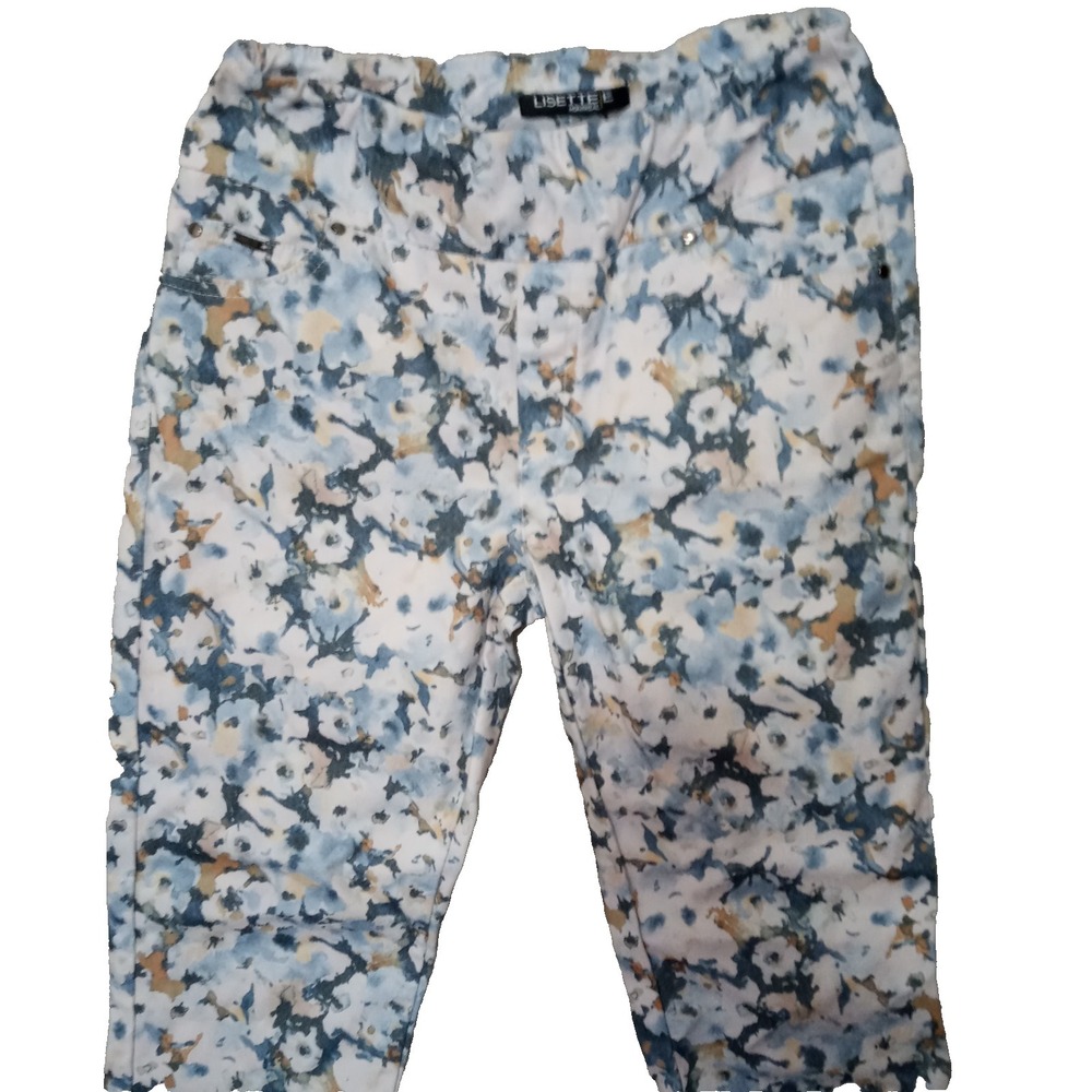 LISETTEL MONTRÉAL  6  Blue Brown Stretch Slim Fit Floral Jean Pants Pull on